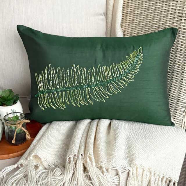 Decorative Oblong/Lumbar Throw Pillow Covers Accent Pillows Couch Case 12x16 Green Silk Cover Bead Embroidered - Tea - image 1