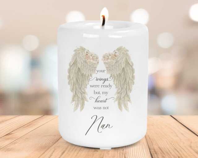Personalised Memorial Angel Wings Ceramic Candle Holder - Your Wings Were Ready But My Heart Was Not - image 1