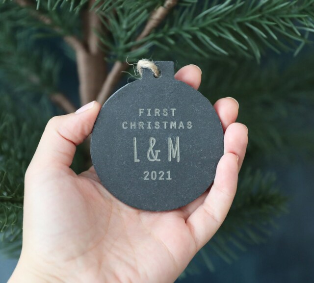 Personalised Slate First Christmas Bauble Mr & Mrs Ornament - image 1