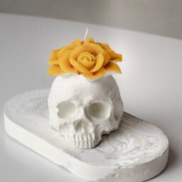 Concrete Skull Flower Candle, Beeswax Skull Home Decor, Halloween Gift, Cement Candle - thumbnail 3