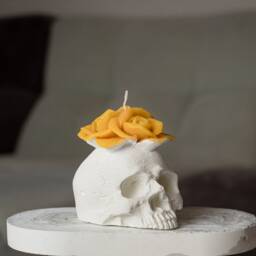 Concrete Skull Flower Candle, Beeswax Skull Home Decor, Halloween Gift, Cement Candle - thumbnail 4