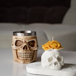 Concrete Skull Flower Candle, Beeswax Skull Home Decor, Halloween Gift, Cement Candle - thumbnail 2