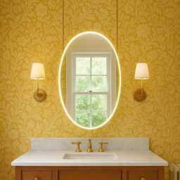 Ovalis Ceiling Suspended Front Illuminated Oval Mirror With Brass Frame & Two Arms - thumbnail 1