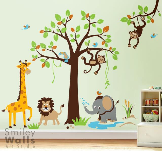 Safari Jungle Animals Monkey Giraffe Elephant Lion Wall Decal Tree Set Nursery Kids Playroom Room Decor Vinyl Sticker Art - image 1