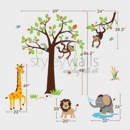 Safari Jungle Animals Monkey Giraffe Elephant Lion Wall Decal Tree Set Nursery Kids Playroom Room Decor Vinyl Sticker Art - thumbnail 3