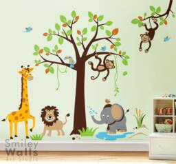 Safari Jungle Animals Monkey Giraffe Elephant Lion Wall Decal Tree Set Nursery Kids Playroom Room Decor Vinyl Sticker Art