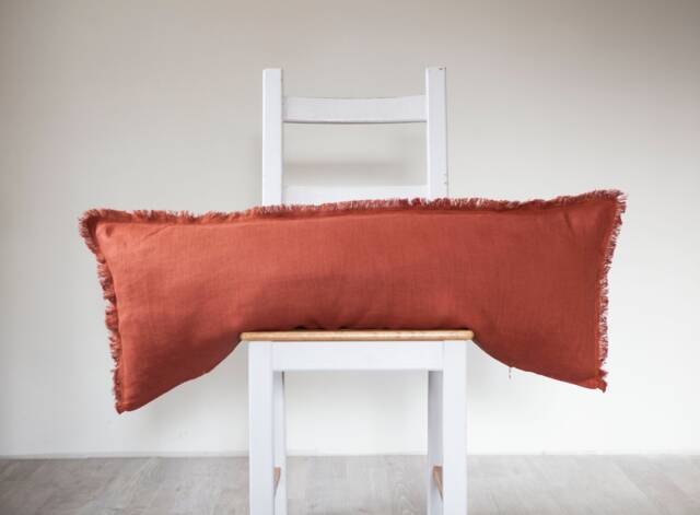 Orange Long Lumbar Pillow Cover Handmade Fringe Case From Natural Linen - image 1
