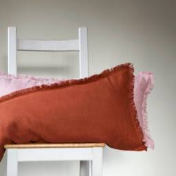 Orange Long Lumbar Pillow Cover Handmade Fringe Case From Natural Linen - thumbnail 3