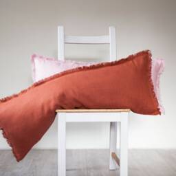 Orange Long Lumbar Pillow Cover Handmade Fringe Case From Natural Linen - thumbnail 2