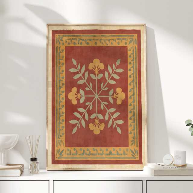 Harvest Rosette - Folk Art Floral Print With Ochre Border - image 1
