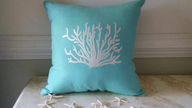 Beach Decor Turquoise Blue, Throw Pillow, Linen Coral Embroidered 16x16 Pillow - image 1
