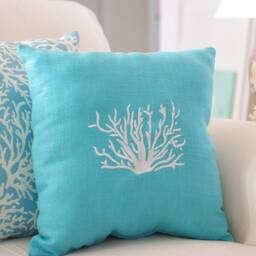Beach Decor Turquoise Blue, Throw Pillow, Linen Coral Embroidered 16x16 Pillow - thumbnail 2