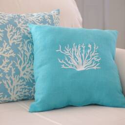 Beach Decor Turquoise Blue, Throw Pillow, Linen Coral Embroidered 16x16 Pillow - thumbnail 4