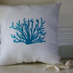Beach Decor Turquoise Blue, Throw Pillow, Linen Coral Embroidered 16x16 Pillow - thumbnail 3