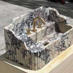 Calacatta Viola Marble Sink - Handcrafted Stone Basin Grooved Luxury Bathroom Vanity Custom Made Natural - thumbnail 3