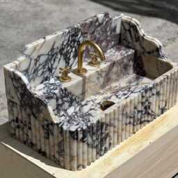 Calacatta Viola Marble Sink - Handcrafted Stone Basin Grooved Luxury Bathroom Vanity Custom Made Natural - thumbnail 2