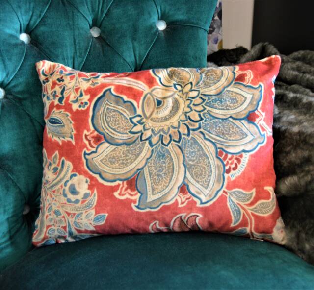 Sanderson - Shalimar Ruby/Teal Designer Cushion Cover Throw Pillow Batik Vintage Floral Print Luxury Super Soft Velvet - image 1
