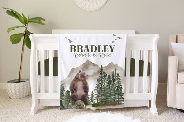 Woodland Bear Blanket, Personalized Baby Blanket Gift, Toddler Forest Decor, Birthday Born To Be Wild - image 1