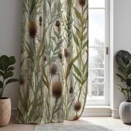 Earthy Thistle Curtains, Neutral Leaf Pattern Drapes, Custom Length Window Panels For Natural Living Room Style