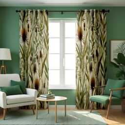 Earthy Thistle Curtains, Neutral Leaf Pattern Drapes, Custom Length Window Panels For Natural Living Room Style - thumbnail 4