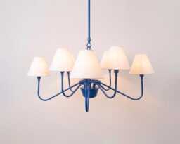 Modern Blue 8 Light Chandelier With White Fabric Shades - Contemporary Ceiling Pendant For Dining Room & Living