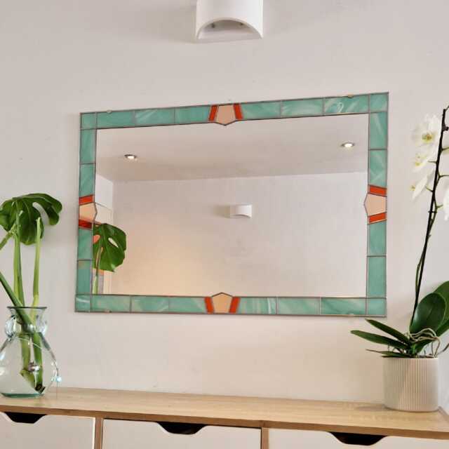 Art Deco Large Mirror Stained Glass Style Leaded 61x91cm 2x3Ft. Seashell Green, Orange & Peach - image 1