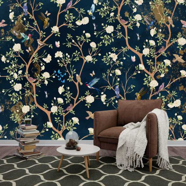 Vintage Chinoiserie Flowers Birds On Pastel Aged Gift Art Print Photomural Wallpaper Mural Easy-Install Removeable Peel & Stick Wall Decal