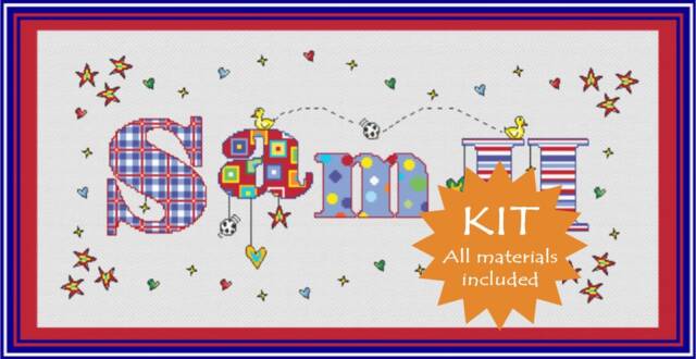 Complete Kit // Name Sampler Boy //Child// Kid Baby Birth Announcement Personalized Cross Stitch Nameplate - image 1
