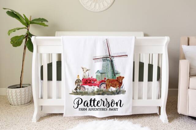 Farm Blanket, Personalized Baby Gift, Toddler Nursery Decor, Birthday Farmhouse Theme Adventures Await - image 1