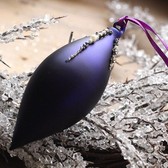 Matt Aubergine Purple Glass Pointed Drop Hanging Christmas Decorations With Diamante Beads - Winter Tree Ornaments Festive Gift