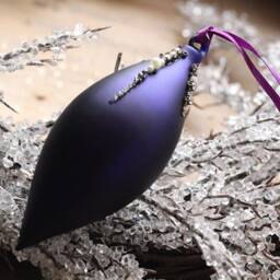 Matt Aubergine Purple Glass Pointed Drop Hanging Christmas Decorations With Diamante Beads - Winter Tree Ornaments Festive Gift
