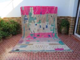 Pink Moroccan Rug - Checkered Vintage Fabric Scraps - Rug Square Pink - Rug-Kilim Area - thumbnail 1