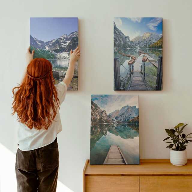 Canvas Art Set Of 3 - Mountains, Lakes & Wooden Piers Over The Water, Blue Wall Large, Landscapes Decor - image 1