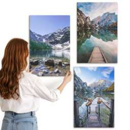 Canvas Art Set Of 3 - Mountains, Lakes & Wooden Piers Over The Water, Blue Wall Large, Landscapes Decor - thumbnail 3
