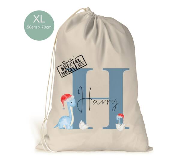 Personalised Xl Dinosaur Name & Initial Drawstring Christmas Sack/stocking Boys Girls Xmas Present Sack Gift Bag