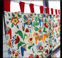 Tab Top Cafe Curtain, Cotton Swedish Dala Horse Flower Valance
