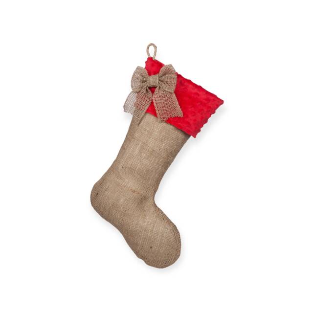 Burlap Christmas Stocking With Red Minky Cuff & Bow Accent - image 1