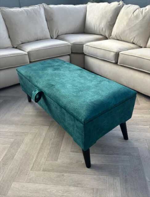 Green Velvet Storage Ottoman Bench - Upholstered Footstool With Wooden Legs - image 1