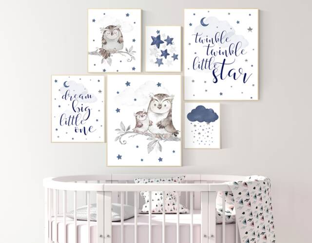Owl Nursery Art Prints Navy Blue Baby Boy Room Decor - image 1