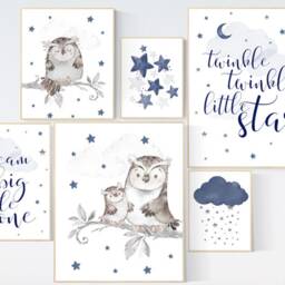 Owl Nursery Art Prints Navy Blue Baby Boy Room Decor - thumbnail 2