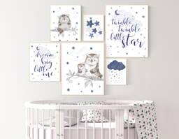 Owl Nursery Art Prints Navy Blue Baby Boy Room Decor - thumbnail 1