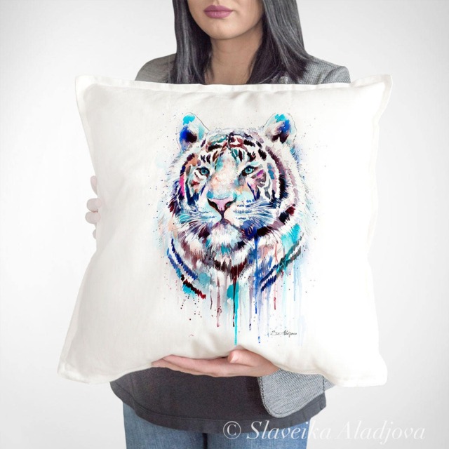White Tiger Throw Pillow Cover By Slaveika Aladjova, Cushion Cover, Decorative Pillow Cover, Animal Art, Watercolor Pillow, Christmas Gift - image 1