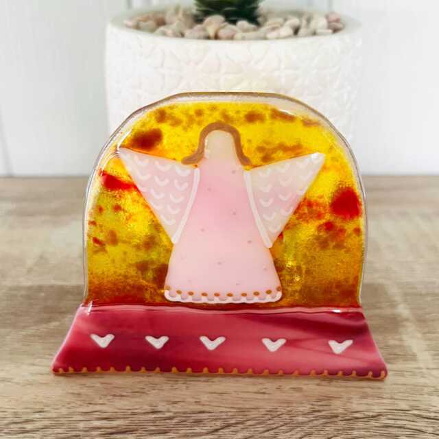 Sunset With Angel Fused Glass Snowglobe Memorial Candle Holder Christmas Ornament - Cornish - image 1