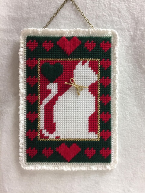 White Kitty With Hearts in Silhouette Wall Hanging - #se016 - image 1