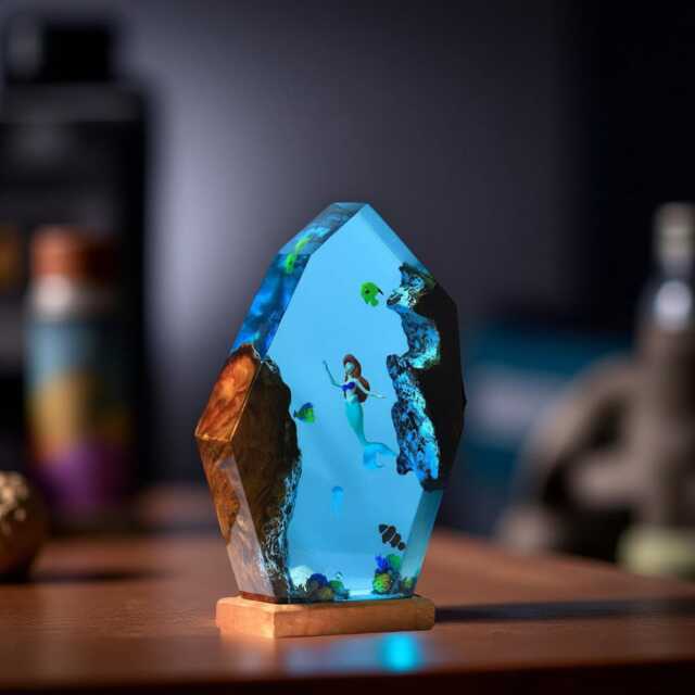 Mermaid Ocean Scene Resin Night Light - Handmade Epoxy Lamp With Wood Base - image 1
