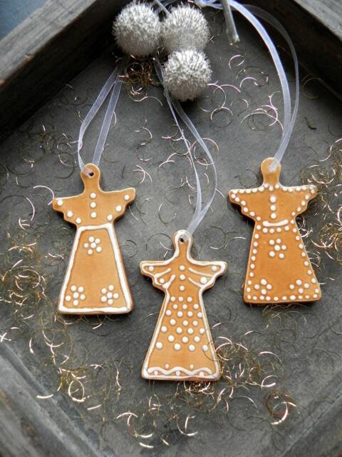 Ceramic Angels Christmas Ornaments, Gingerbread Holiday Decoration, Set Of 3 Caramel Gift, X-Mas Traditional Pottery - image 1