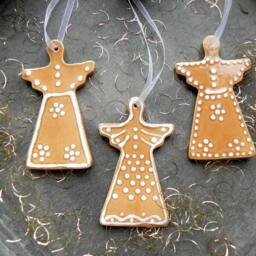 Ceramic Angels Christmas Ornaments, Gingerbread Holiday Decoration, Set Of 3 Caramel Gift, X-Mas Traditional Pottery - thumbnail 3