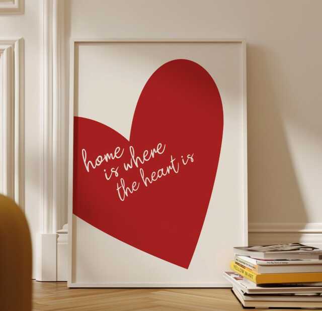 Home Is Where The Heart Wall Print, Red Retro Trendy Art, Bedroom Art Quote - image 1