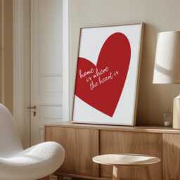 Home Is Where The Heart Wall Print, Red Retro Trendy Art, Bedroom Art Quote - thumbnail 2