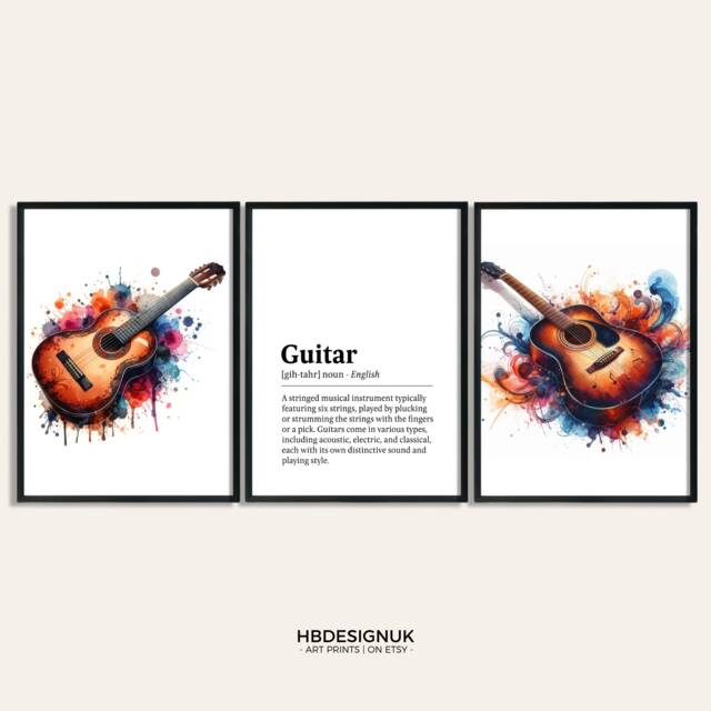 Guitar Watercolour Art Print - Set Of 3 Music Artwork - Acoustic Watercolor Poster Wall Musician Instrument Picture Decor Room Gift - image 1